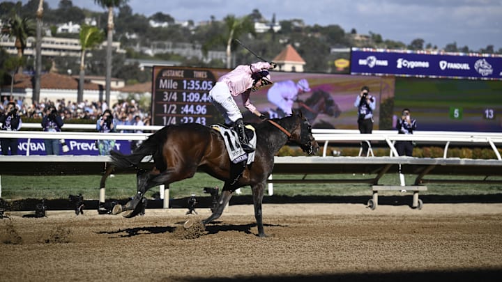 Nov 2, 2024; Del Mar, CA, USA; Sierra Leone ridden by Flavien Prat wins the Breeder’s Cup Classic during the 2024 Breeders' Cup Championship at Del Mar Thoroughbred Club. 