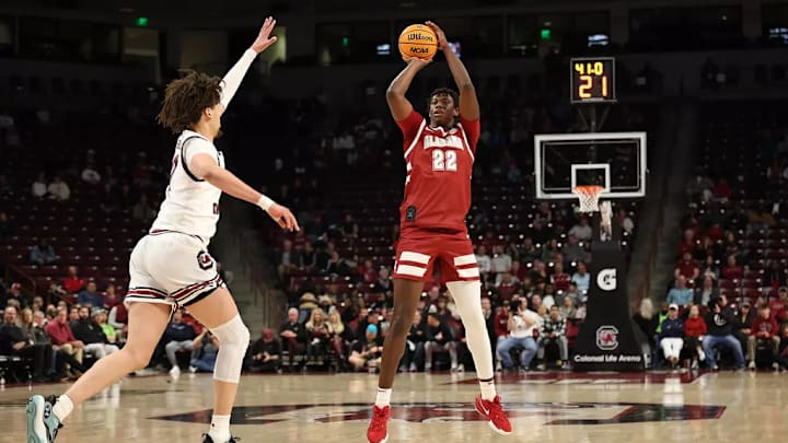Alabama forward Aiden Sherrell (22) shoots a three against South Carolina at Colonial Life Arena in Columbus, SC on Wednesday, Jan 8, 2025.