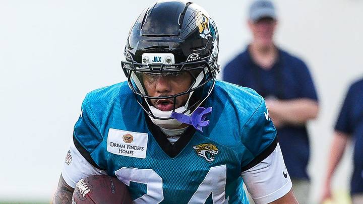 Jacksonville Jaguars Running Back Chris Rodriguez Jr. (24) carries the ball during the fourth day of NFL Training Camp in shells at the Miller Electric Center on Thursday, July 30, 2026, in Jacksonville, Fla.  [Doug Engle/Florida Times-Union]