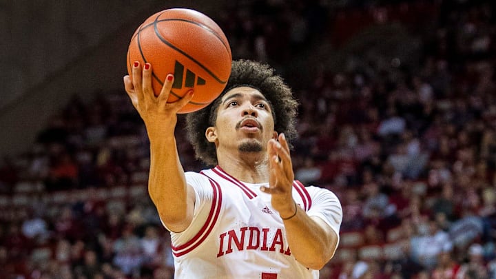 Indiana point guard Myles Rice scores against Marian at Assembly Hall.