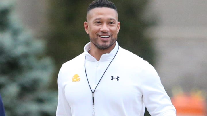 Notre Dame football Head Coach Marcus Freeman at Notre Dame spring football practice