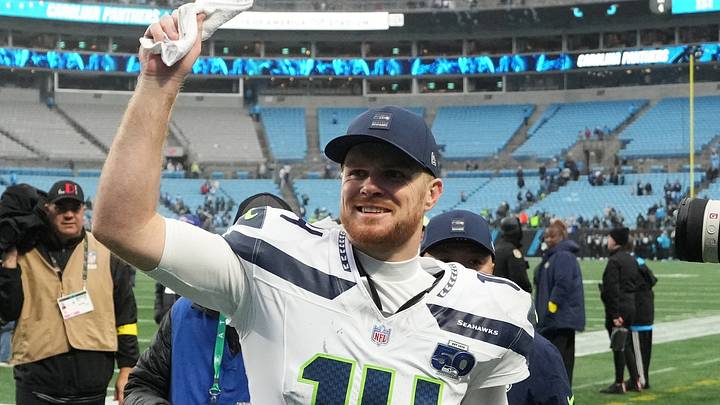 Seattle Seahawks quarterback Sam Darnold (14) reacts after the game at Bank of America Stadium. Seattle Seahawks quarterback Sam Darnold (14) reacts after the game at Bank of America Stadium.