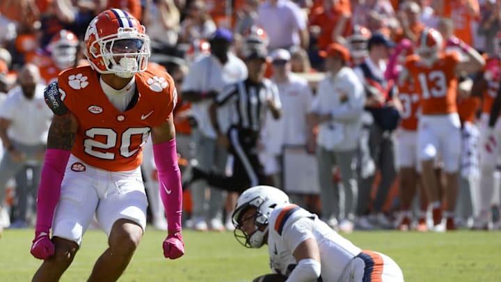 Oct 19, 2024; Clemson, South Carolina, USA; Clemson Tigers corner back Avieon Terrell (20) reacts to sacking Virginia Cavaliers Anthony Colandrea (10) during their game at at Memorial Stadium.