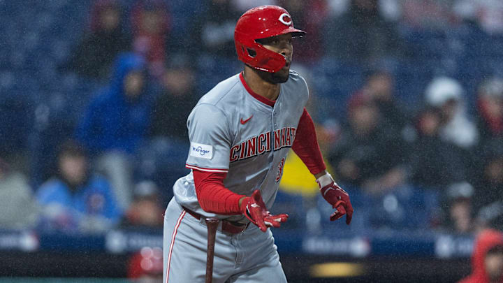 Apr 2, 2024; Philadelphia, Pennsylvania, USA; Cincinnati Reds Will Benson (30) hits an RBI double during the third inning against the Philadelphia Phillies at Citizens Bank Park. Mandatory Credit: Bill Streicher-USA TODAY Sports