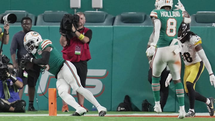 Miami Dolphins cornerback Noah Igbinoghene (9) intercepts a pass late in the game against the Pittsburgh Steelers at Hard Rock Stadium in Miami Gardens, Oct. 23, 2022.