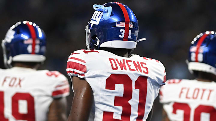 Aug 11, 2023; Detroit, Michigan, USA; New York Giants safety Gervarrius Owens (31) somehow got a mouth guard stuck into one of the ventilation holes in his helmet during their game against the Detroit Lions in the second quarter at Ford Field. Aug 11, 2023; Detroit, Michigan, USA; New York Giants safety Gervarrius Owens (31) somehow got a mouth guard stuck into one of the ventilation holes in his helmet during their game against the Detroit Lions in the second quarter at Ford Field.