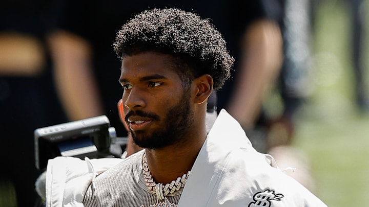 Apr 19, 2025; Boulder, CO, USA; Colorado Buffaloes former player Shedeur Sanders before the spring game at Folsom Field.  