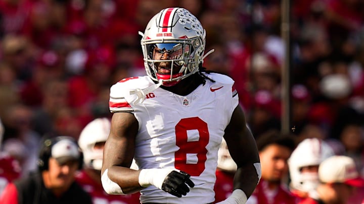 Ohio State Buckeyes linebacker Arvell Reese (8) reacts during the game against the Wisconsin Badgers at Camp Randall Stadium on Saturday, Oct. 18, 2025 in Madison, Wisconsin.