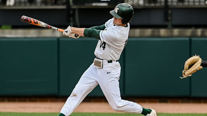 Michigan State's Mitch Jebb gets a hit against Purdue Fort Wayne during the first inning on Wednesday, April 19, 2023, at the McLane Baseball Stadium in East Lansing Mall.

230419 Msu Purdue Fw Baseball 011a