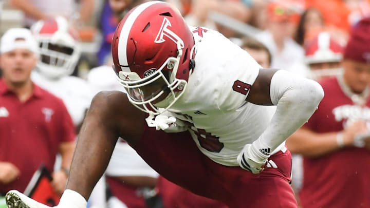 Troy Trojans cornerback Jaquez White (8) celebrates after a defensive stop Saturday, Sept. 6, 2025 during the NCAA football game against the Clemson Tigers at Memorial Stadium in Clemson, South Carolina.