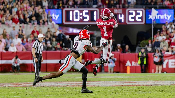 Alabama wide receiver Ryan Coleman-Williams jumps for a ball in the second half of the match up against Georgia on Oct 10, 2026.