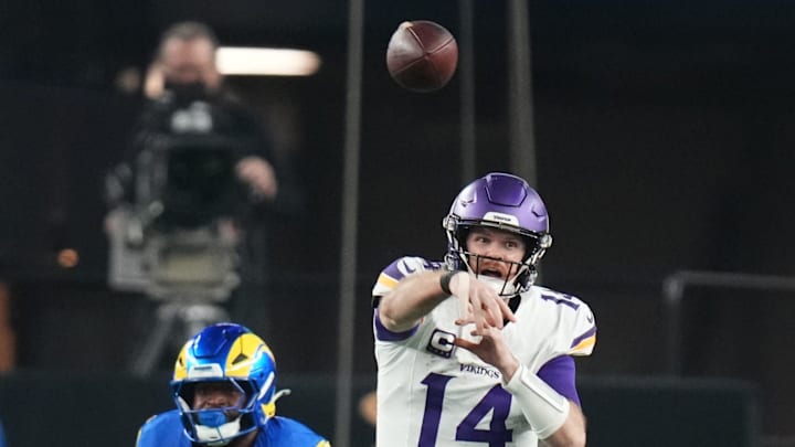 Minnesota Vikings quarterback Sam Darnold (14) throws the ball against the Los Angeles Rams during their playoff game at State Farm Stadium on Jan. 13, 2025, in Glendale.