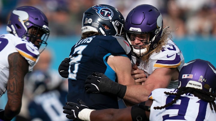Minnesota Vikings linebacker Andrew Van Ginkel (43) sacks Tennessee Titans quarterback Will Levis (8) in the second half at Nissan Stadium in Nashville, Tenn., Sunday, Nov. 17, 2024. Minnesota Vikings linebacker Andrew Van Ginkel (43) sacks Tennessee Titans quarterback Will Levis (8) in the second half at Nissan Stadium in Nashville, Tenn., Sunday, Nov. 17, 2024.