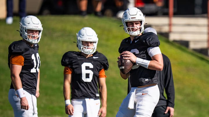 Texas Longhorns quarterback Arch Manning (16) looks to throw a pass during practice on the University of Texas campus in Austin, Dec. 27, 2024, ahead of the second-round playoff game.