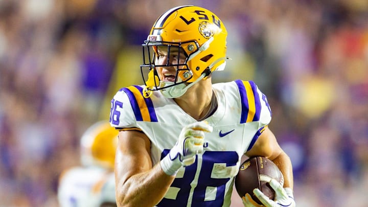 Mason Taylor 86 runs the ball as the LSU Tigers take on the Ole Miss Rebels at Tiger Stadium in Baton Rouge, Louisiana, on Oct. 12, 2024