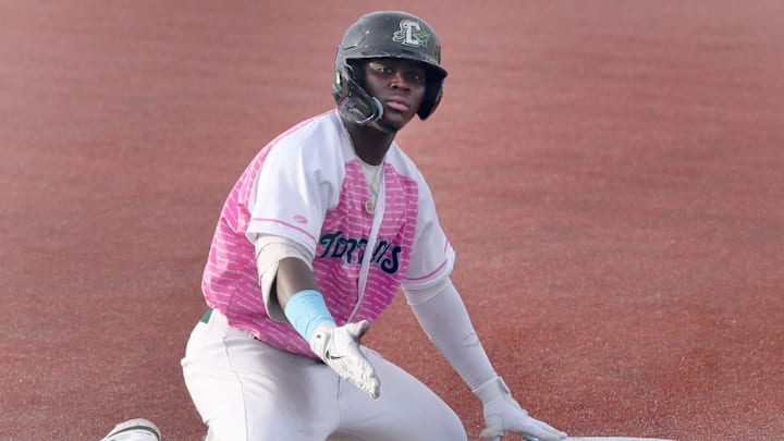 Daytona Tortugas Hector Rodriguez  #25 gestures to his team mates in the dugout after sliding into thrid on a triple against Palm Beach Cardinals, Tuesday June 20, 2023 at Jackie Robinson Ballpark.