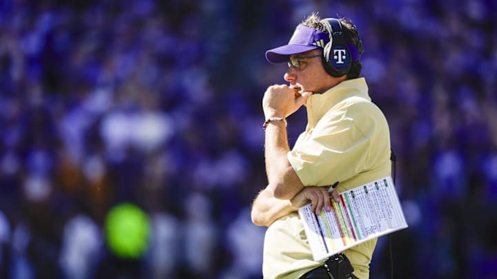 Sep 27, 2025; Seattle, Washington, USA; Washington Huskies head coach Jedd Fisch stands on the sideline during a second quarter timeout against the Ohio State Buckeyes at Husky Stadium. Mandatory Credit: Joe Nicholson-Imagn Images