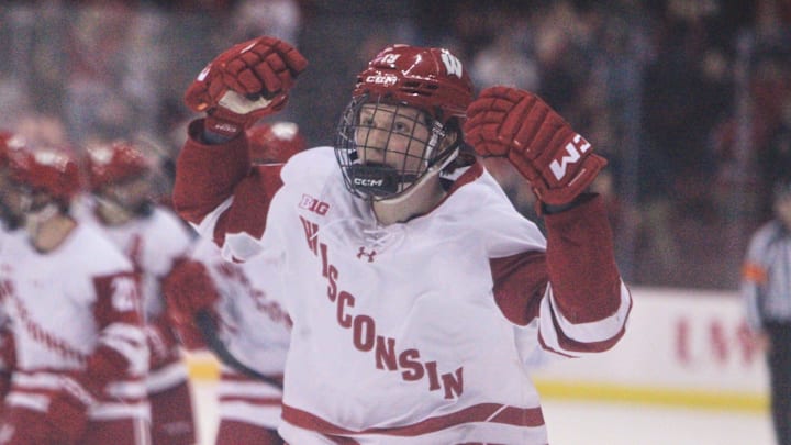 Wisconsins's Quinn Finley celebrates after scoring the game-winning goal in a 6-5 overtime victory over Notre Dame Friday Feb. 6, 2026 at the Kohl Center in Madison, Wis.