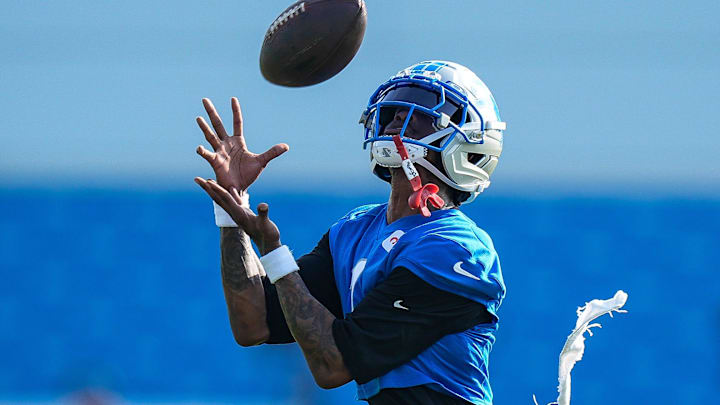 Detroit Lions wide receiver Jameson Williams (1) practices during training camp at Meijer Performance Center in Allen Park on Thursday, July 24, 2025. Detroit Lions wide receiver Jameson Williams (1) practices during training camp at Meijer Performance Center in Allen Park on Thursday, July 24, 2025.