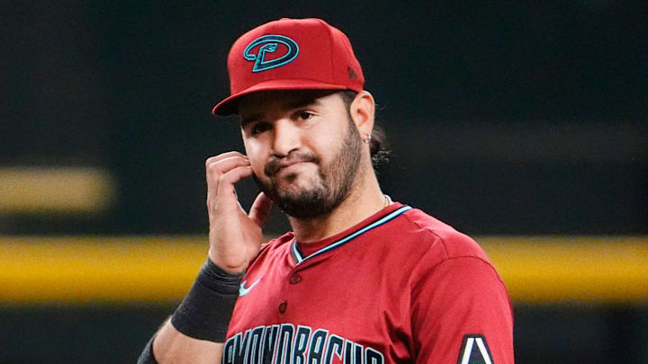 Arizona Diamondbacks third baseman Eugenio Suarez reacts after making a throwing error that allowed Atlanta Braves Matt Olson to score in the sixth inning at Chase Field in Phoenix, on Apr. 25, 2025.