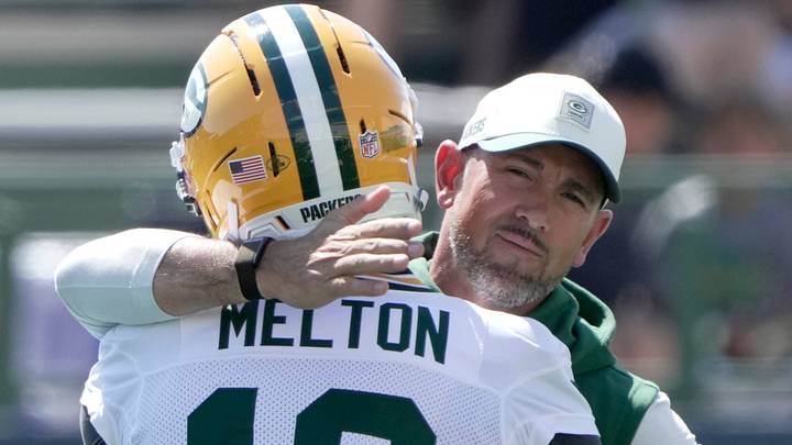 Green Bay Packers coach Matt LaFleur hugs wide receiver Bo Melton at training camp. Green Bay Packers coach Matt LaFleur hugs wide receiver Bo Melton at training camp.