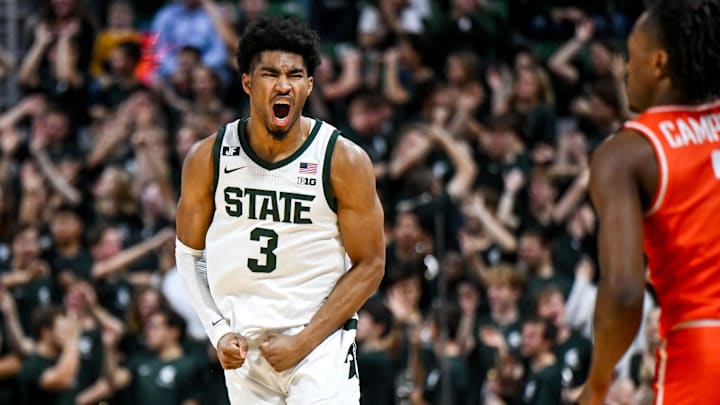 Michigan State's Jaden Akins celebrates after a 3-pointer against Bowling Green during the second half on Saturday, Nov. 16, 2024, Breslin Center in East Lansing.