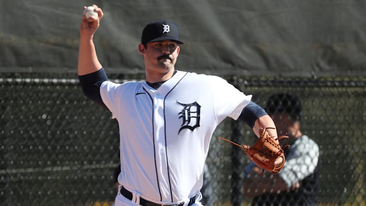 Detroit Tigers right handed pitching prospect RJ Petit throws during minor-league minicamp Sunday, Feb. 20, 2022, at TigerTown in Lakeland, Florida. Detroit Tigers right handed pitching prospect RJ Petit throws during minor-league minicamp Sunday, Feb. 20, 2022, at TigerTown in Lakeland, Florida.