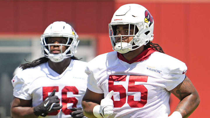 Arizona Cardinals 	defensive lineman Dante Stills (55) and defensive end Darius Robinson (56) during organized team practice at Arizona Cardinals training center in Tempe on May 28, 2025.