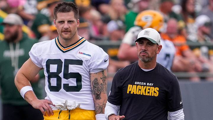 Green Bay Packers head coach Matt LaFleur stands with tight end Tucker Kraft (85) as he surveys practice on Friday, July 31, 2026, at Ray Nitschke Field in Ashwaubenon, Wisconsin. Green Bay Packers head coach Matt LaFleur stands with tight end Tucker Kraft (85) as he surveys practice on Friday, July 31, 2026, at Ray Nitschke Field in Ashwaubenon, Wisconsin.