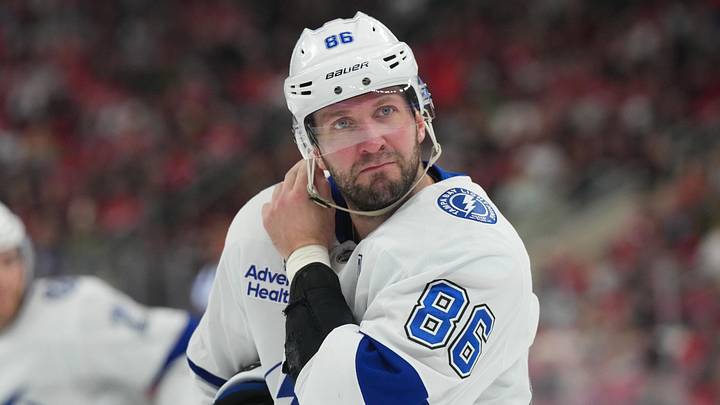 Feb 26, 2026; Raleigh, North Carolina, USA; Tampa Bay Lightning right wing Nikita Kucherov (86) looks on against the Carolina Hurricanes during the third period at Lenovo Center. Mandatory Credit: James Guillory-Imagn Images Feb 26, 2026; Raleigh, North Carolina, USA; Tampa Bay Lightning right wing Nikita Kucherov (86) looks on against the Carolina Hurricanes during the third period at Lenovo Center. Mandatory Credit: James Guillory-Imagn Images