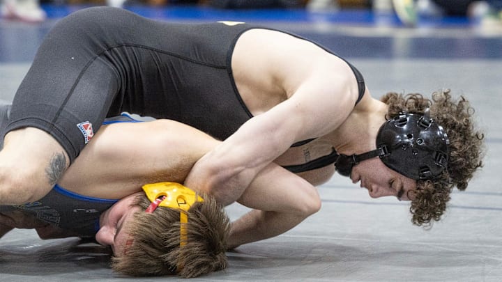 St. John Vianney’s Anthony Knox defeated Manchester’s Charles Gold by technical fall in their 126 lbs quarterfinal match. Opening rounds of the NJSIAA Region 7 Tournament on February 28, 2025 in Lacey, NJ.