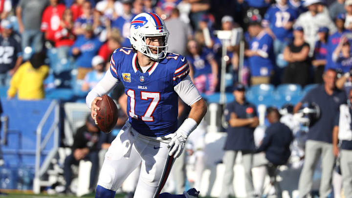Bills quarterback Josh Allen looks for an open receiver during second half action at Highmark Stadium in Orchard Park on Oct. 20, 2024.