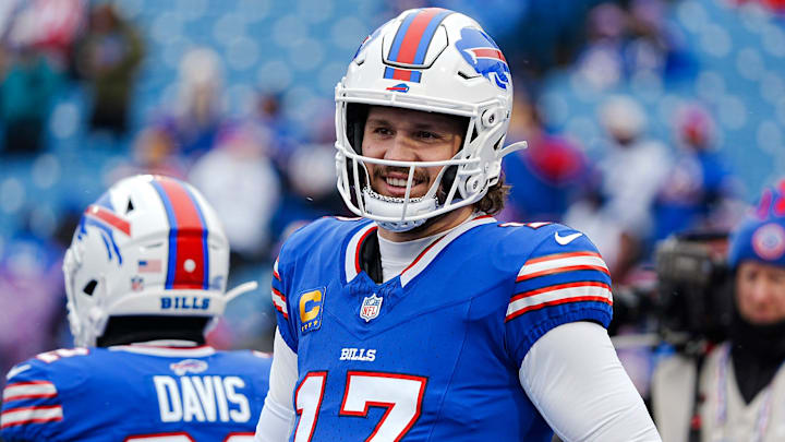 Buffalo Bills quarterback Josh Allen (17) smiles at something someone said before the Buffalo Bills wild card game. Buffalo Bills quarterback Josh Allen (17) smiles at something someone said before the Buffalo Bills wild card game.