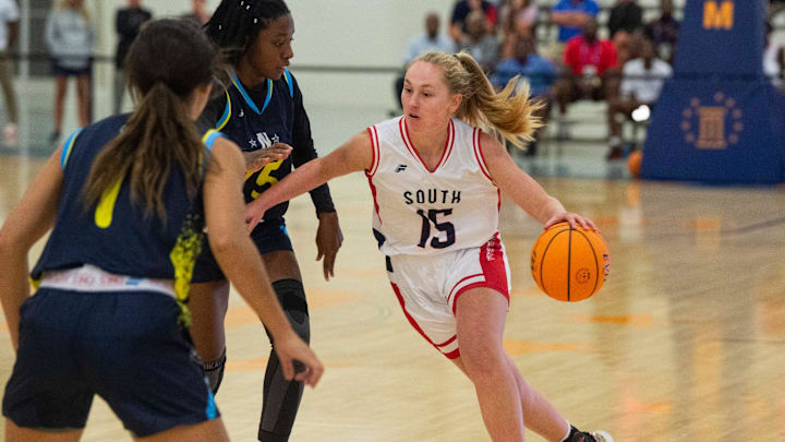 South All-Star Trinity’s Maddie Smith (15) drives the ball during the AHSAA All-Star girls basketball game at Cramton Bowl Multiplex in Montgomery, Ala., on Tuesday, July 16, 2024. North All-Stars defeated South All-Stars 87-46.