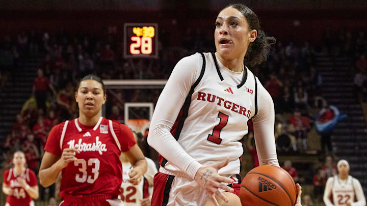 Rutgers’ Destiny Adams steals the ball and put it in for a score. Rutgers Women’s Basketball falls to Nebraska 69-62 in Piscataway, NJ on January 12, 2025.