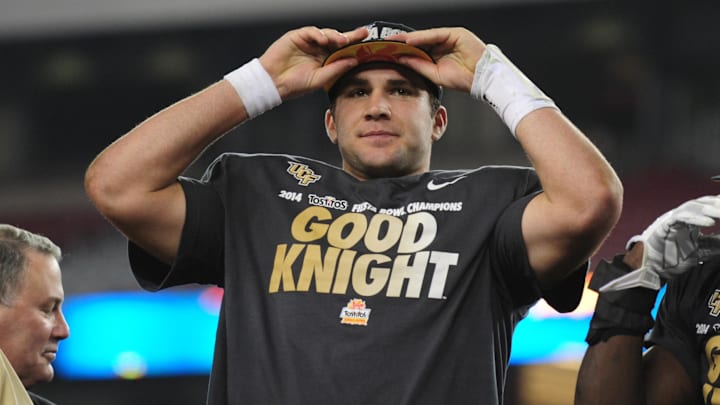 Jan 1, 2014; Glendale, AZ, USA; UCF Knights quarterback Blake Bortles (5) celebrates after beating Baylor Bears 49-35 in the Fiesta Bowl at University of Phoenix Stadium. Mandatory Credit: Matt Kartozian-Imagn Images