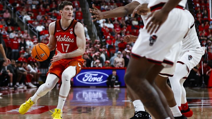 Feb 7, 2026; Raleigh, N.C.; Virginia Tech's Neoklis Avdalas (17) dribbles the ball during the second half against NC State.