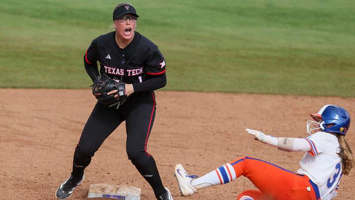 Texas Tech second baseman Mia Williams (1) gets Florida infielder Kenleigh Cahalan (31) out at second during game 3 of the super regional of the NCAA Division 1 softball championship at Katie Seashole Pressly Stadium in Gainesville, FL on Sunday, May 24, 2026. [Alan Youngblood/Gainesville Sun]