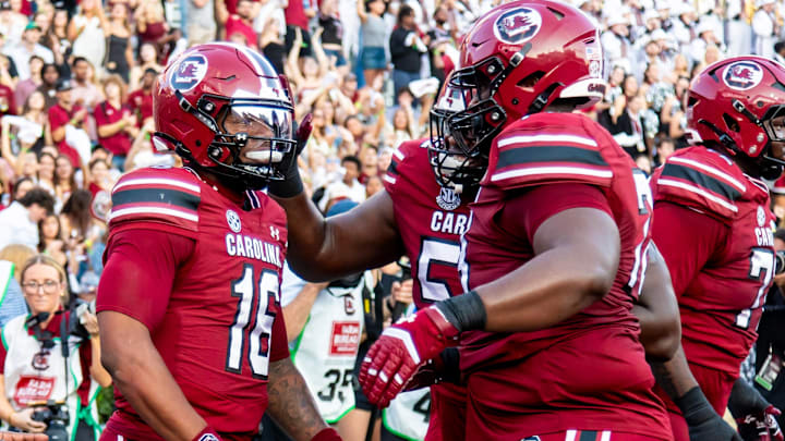 Nov 22, 2025; Columbia, South Carolina, USA; South Carolina Gamecocks quarterback Lanorris Sellers (16) celebrates a touchdown against the Coastal Carolina Chanticleers in the first quarter at Williams-Brice Stadium. Mandatory Credit: Jeff Blake-Imagn Images