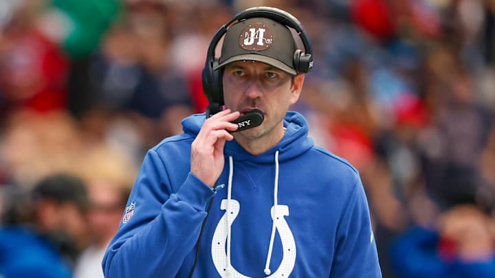 Jan 4, 2026; Houston, Texas, USA;  Indianapolis Colts head coach Shane Steichen walks the sidelines in the first quarter as the Colts played  against the Houston Texans at NRG Stadium. Mandatory Credit: Thomas Shea-Imagn Images