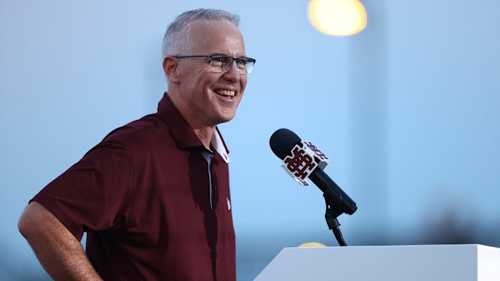 New Mississippi State Bulldogs coach Brian O'Connor talking to the cheering crowd at his formal introduction Thursday evening at Dudy Noble.