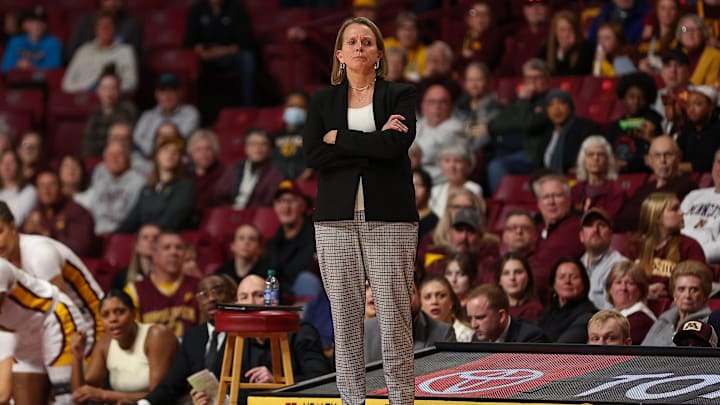 Minnesota coach Dawn Plitzuweit reacts during the first half against Penn State at Williams Arena in Minneapolis on Jan. 31, 2024.