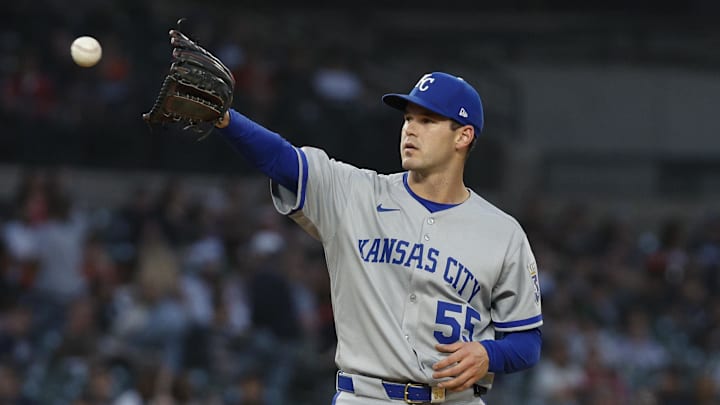 Apr 18, 2025; Detroit, Michigan, USA; Kansas City Royals pitcher Cole Ragans (55) during the fourth inning against the Detroit Tigers at Comerica Park. Mandatory Credit: Brian Bradshaw Sevald-Imagn Images