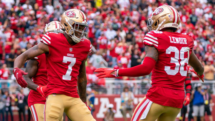 September 18, 2022; Santa Clara, California, USA; San Francisco 49ers cornerback Charvarius Ward (7) is congratulated by cornerback Deommodore Lenoir (38) during the second quarter against the Seattle Seahawks at Levi's Stadium. Mandatory Credit: Kyle Terada-USA TODAY Sports