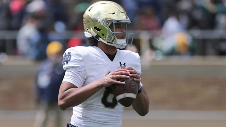 Notre Dame quarterback Kenny Minchey Saturday, April 20, 2024, at the annual Notre Dame Blue-Gold spring football game at Notre Dame Stadium in South Bend.
