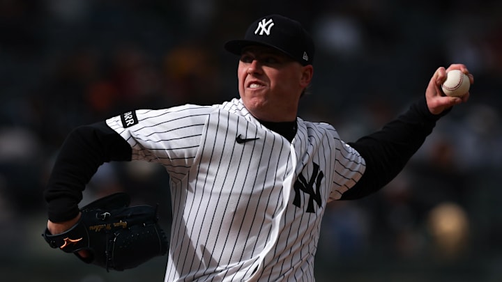 Apr 19, 2026; Bronx, New York, USA; New York Yankees pitcher Ryan Weathers (40) delivers a pitch first inning against the Kansas City Royals at Yankee Stadium. Mandatory Credit: Vincent Carchietta-Imagn Images