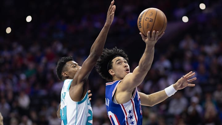 Nov 10, 2024; Philadelphia, Pennsylvania, USA; Philadelphia 76ers guard Jared McCain (20) drives for a shot past Charlotte Hornets forward Brandon Miller (24) during the third quarter at Wells Fargo Center. Mandatory Credit: Bill Streicher-Imagn Images Nov 10, 2024; Philadelphia, Pennsylvania, USA; Philadelphia 76ers guard Jared McCain (20) drives for a shot past Charlotte Hornets forward Brandon Miller (24) during the third quarter at Wells Fargo Center. Mandatory Credit: Bill Streicher-Imagn Images