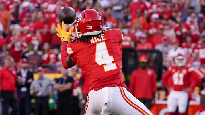 Sep 24, 2023; Kansas City, Missouri, USA; Kansas City Chiefs wide receiver Rashee Rice (4) catches a Sep 24, 2023; Kansas City, Missouri, USA; Kansas City Chiefs wide receiver Rashee Rice (4) catches a