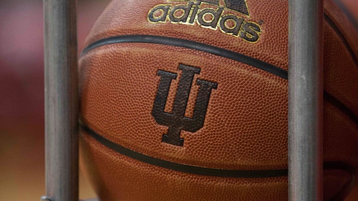 Nov 24, 2014; Bloomington, IN, USA;  Basketball showing the IU logo before the game between the Indiana Hoosiers and the Eastern Washington Eagles at Assembly Hall. Eastern Washington Eagles beats Indiana Hoosiers by the score of 86-84. Mandatory Credit: Trevor Ruszkowski-Imagn Images
