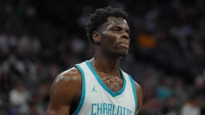 Jul 5, 2023; Sacramento, CA, USA; Charlotte Hornets center James Nnaji (46) during the second quarter against the Golden State Warriors at Golden 1 Center. Mandatory Credit: Darren Yamashita-Imagn Images